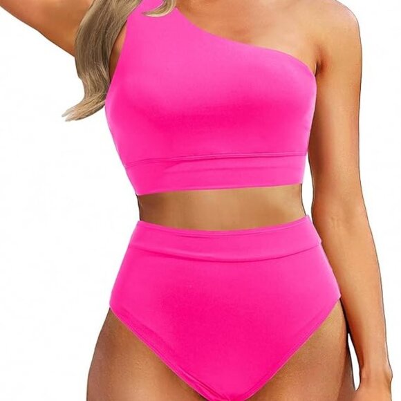 HOT PINK One Shoulder High Waisted Bikini 2 Piece Tummy Control NEW Womens Small - Picture 3 of 11